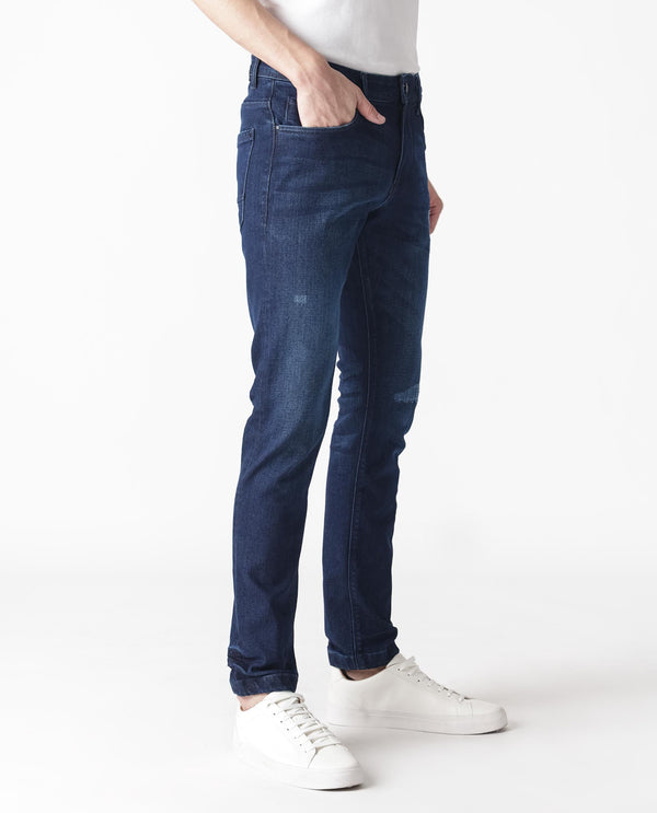 Rare Rabbit Men's Movado Blue Mid Wash Mid-Rise Slim Fit Distressed Jeans