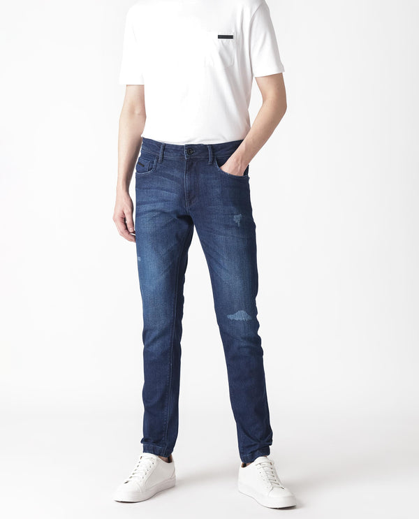 Rare Rabbit Men's Movado Blue Mid Wash Mid-Rise Slim Fit Distressed Jeans