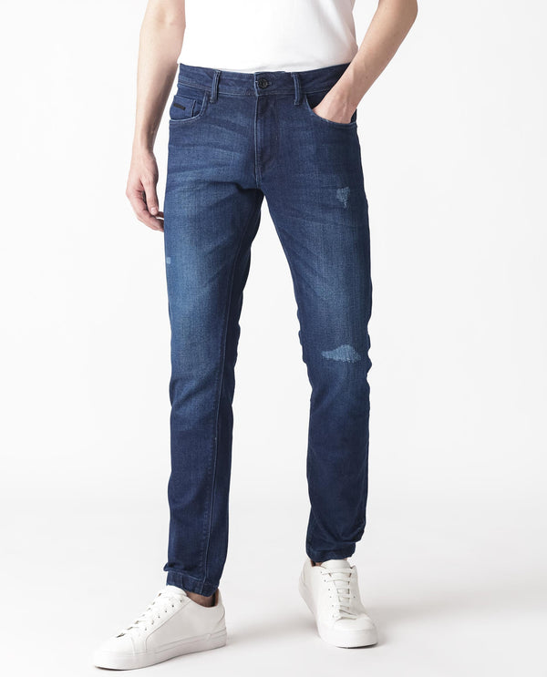 Rare Rabbit Men's Movado Blue Mid Wash Mid-Rise Slim Fit Distressed Jeans