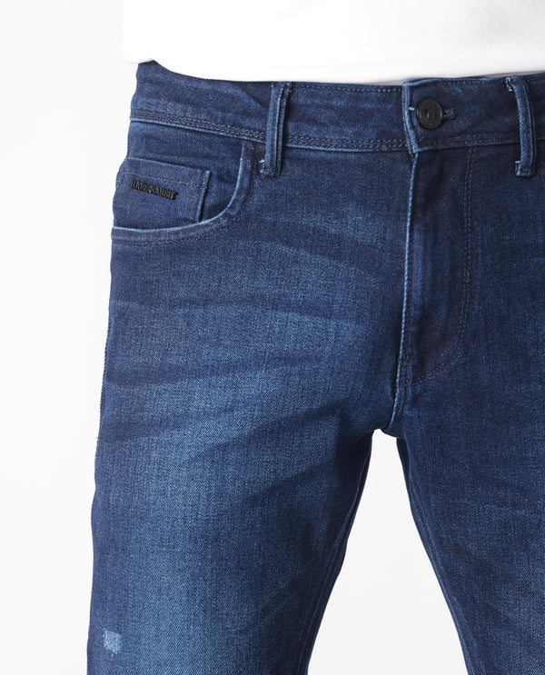 Rare Rabbit Men's Movado Blue Mid Wash Mid-Rise Slim Fit Distressed Jeans