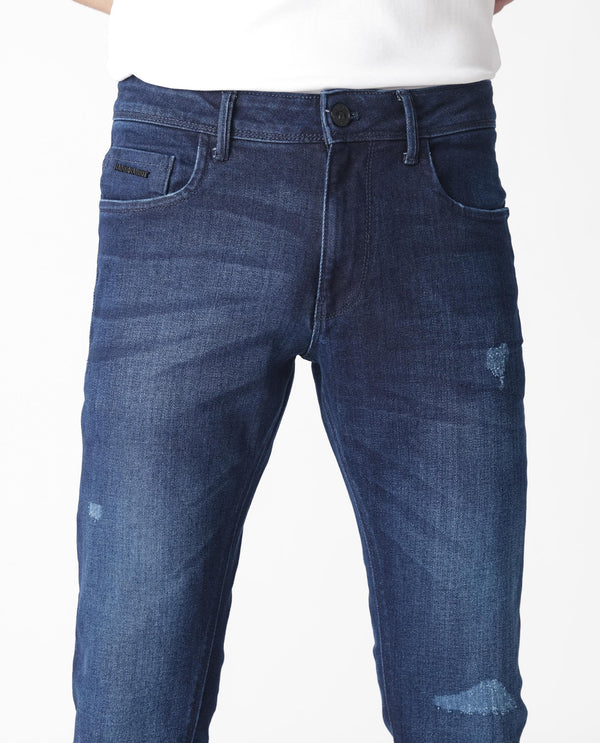 Rare Rabbit Men's Movado Blue Mid Wash Mid-Rise Slim Fit Distressed Jeans