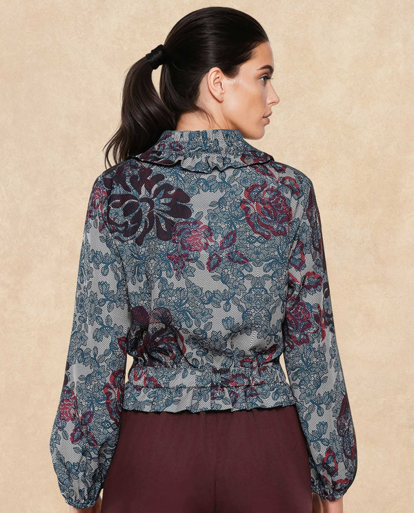 Rareism Women Mugla Multi Polyester Fabric Balloon Sleeve V-Neck Button Closure Cropped Floral Print Top