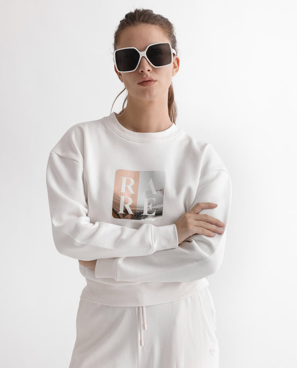 Rareism Articale Women Keith Off White Poly Cotton Fabric Full Sleeves Crew Neck Relaxed Fit Graphic Print Sweatshirt