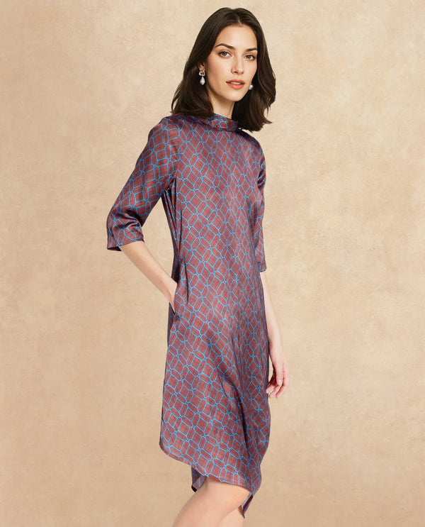 Rareism Women Mullivio Brown 3/4Th Sleeve High Neck Zipper Relaxed Fit Geometric Print Midi Dress