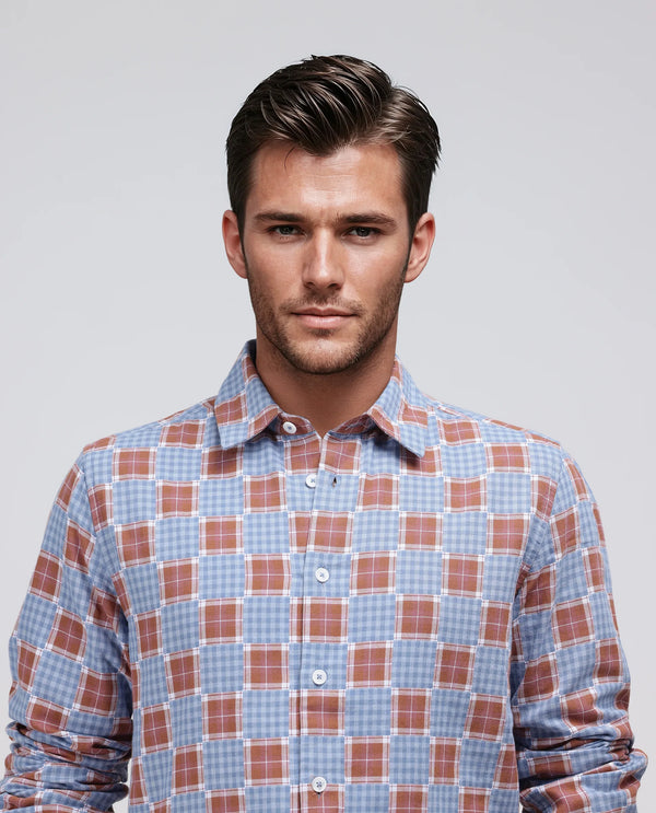 Rare Rabbit Men's Murcia Blue Cotton Fabric Full Sleeve Spread Collar Button Closure Checked Shirt