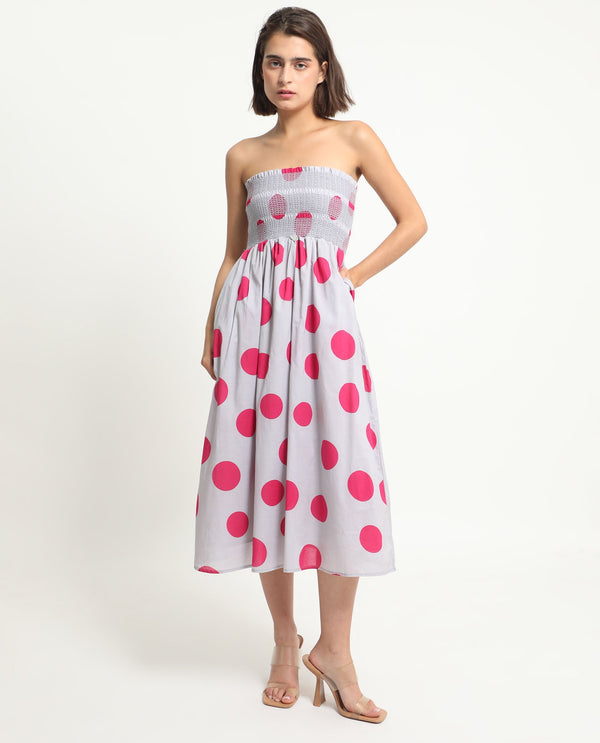 Rareism Women Mureel Grey Cotton Fabric Sleeveless Shoulder Straps Fit And Flare Polka Knee Length Empire Dress