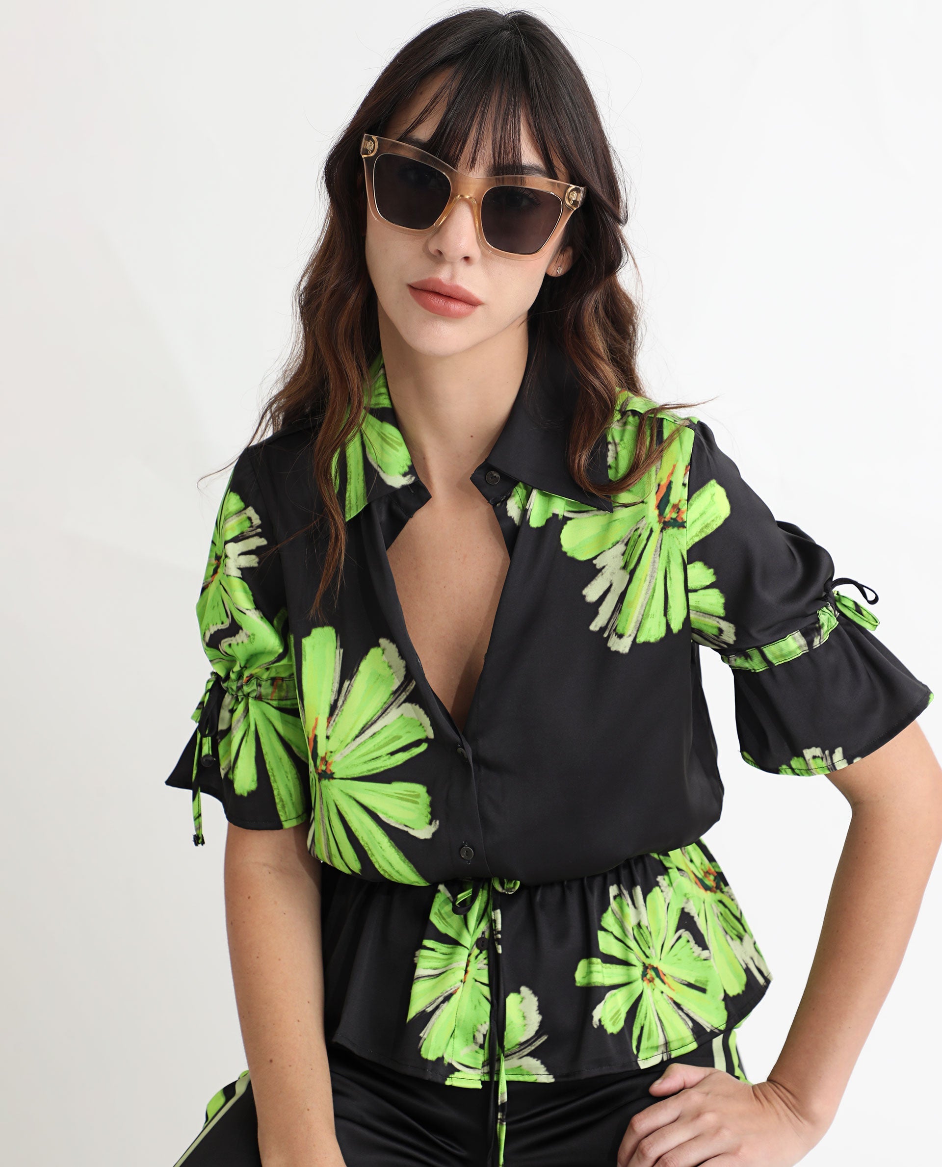 Rareism Women Murphy Black Polyester Fabric Short Sleeves Button Closure Shirt Collar Regular Fit Floral Print Top