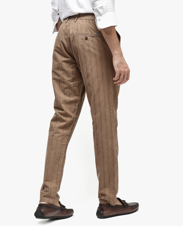 Rare Rabbit Men's Murray Brown Poly Viscose Fabric Mid Rise Regular Fit Striped Trouser