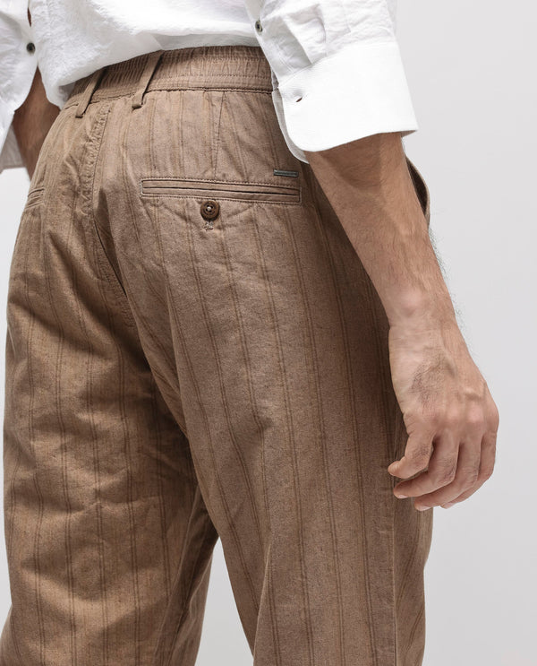 Rare Rabbit Men's Murray Brown Poly Viscose Fabric Mid Rise Regular Fit Striped Trouser