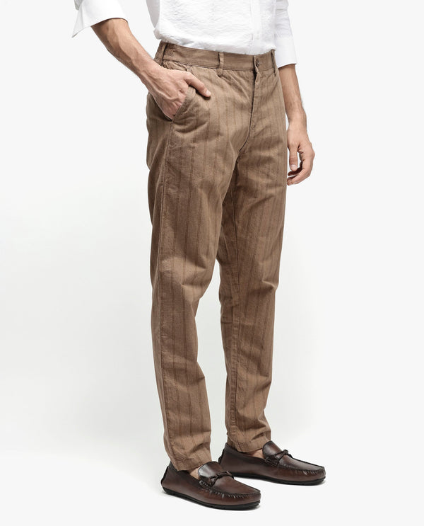Rare Rabbit Men's Murray Brown Poly Viscose Fabric Mid Rise Regular Fit Striped Trouser