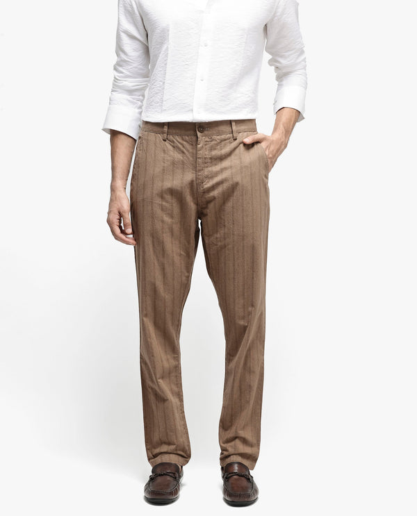 Rare Rabbit Men's Murray Brown Poly Viscose Fabric Mid Rise Regular Fit Striped Trouser