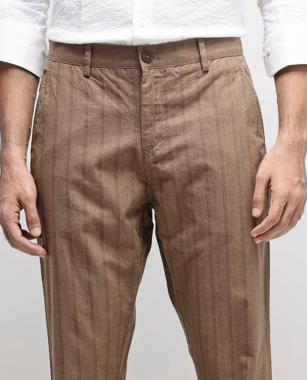 Rare Rabbit Men's Murray Brown Poly Viscose Fabric Mid Rise Regular Fit Striped Trouser