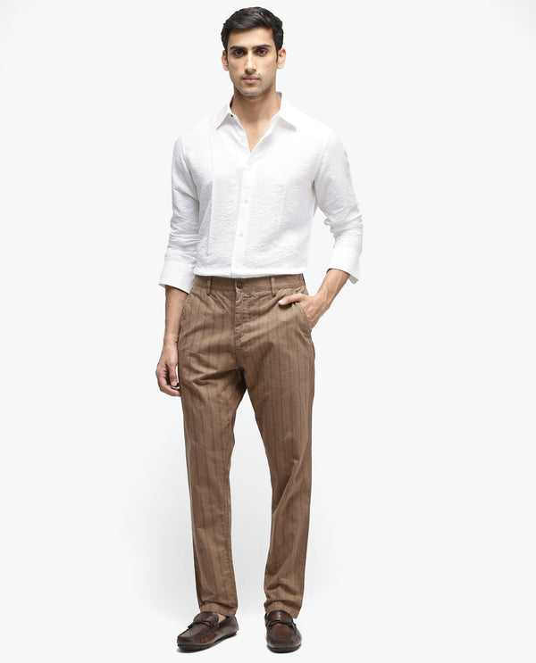 Rare Rabbit Men's Murray Brown Poly Viscose Fabric Mid Rise Regular Fit Striped Trouser