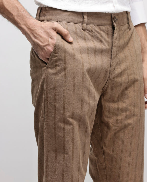 Rare Rabbit Men's Murray Brown Poly Viscose Fabric Mid Rise Regular Fit Striped Trouser