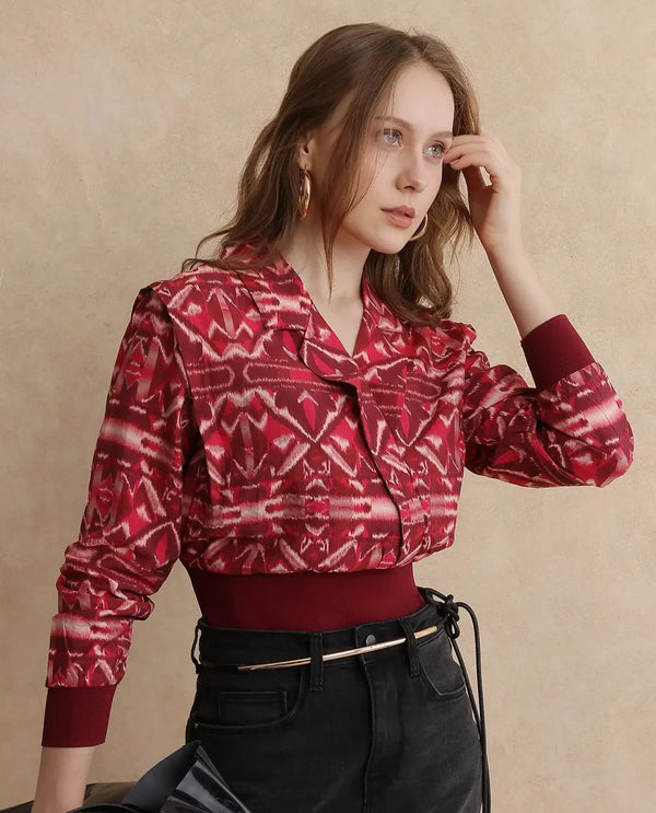 Rareism Women Mus Multi Nylon Viscose Fabric Cuffed Sleeve V-Neck Abstract Print Top