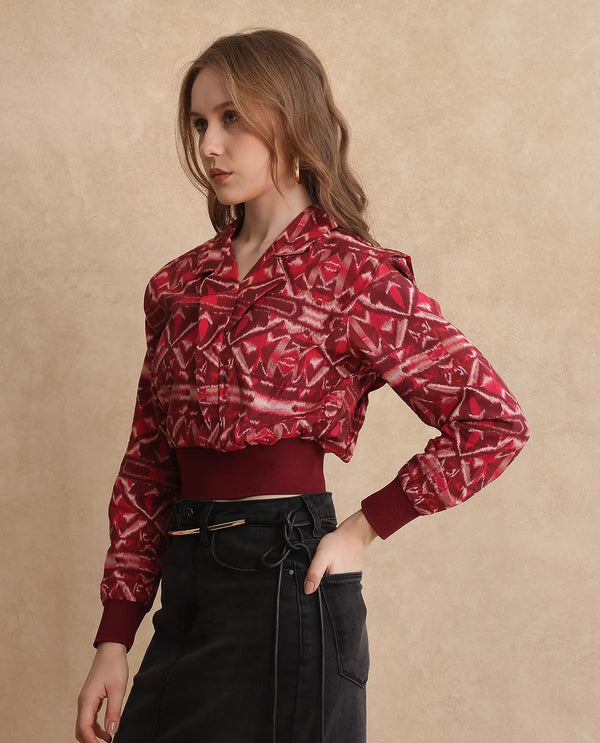 Rareism Women Mus Multi Nylon Viscose Fabric Cuffed Sleeve V-Neck Abstract Print Top