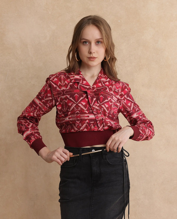 Rareism Women Mus Multi Nylon Viscose Fabric Cuffed Sleeve V-Neck Abstract Print Top