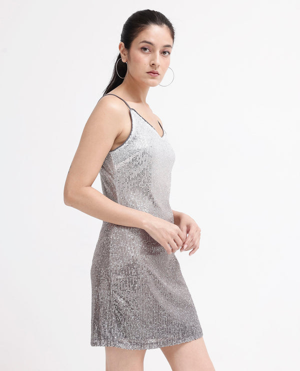Rareism Women's Mykonos Metalic Multi    Shoulder Straps Sequined Bodycon Mini Dress