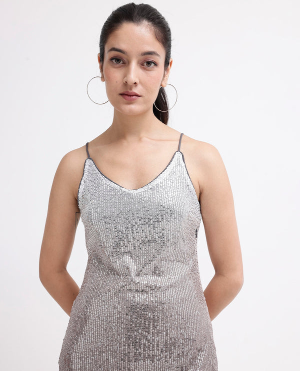 Rareism Women's Mykonos Metalic Multi    Shoulder Straps Sequined Bodycon Mini Dress