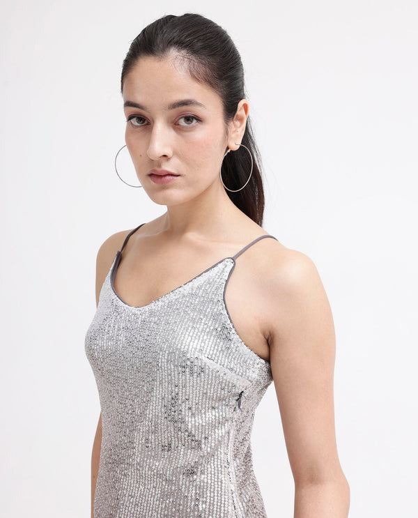 Rareism Women's Mykonos Metalic Multi    Shoulder Straps Sequined Bodycon Mini Dress