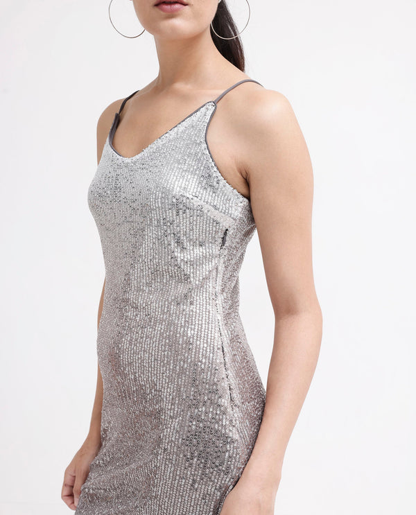 Rareism Women's Mykonos Metalic Multi    Shoulder Straps Sequined Bodycon Mini Dress