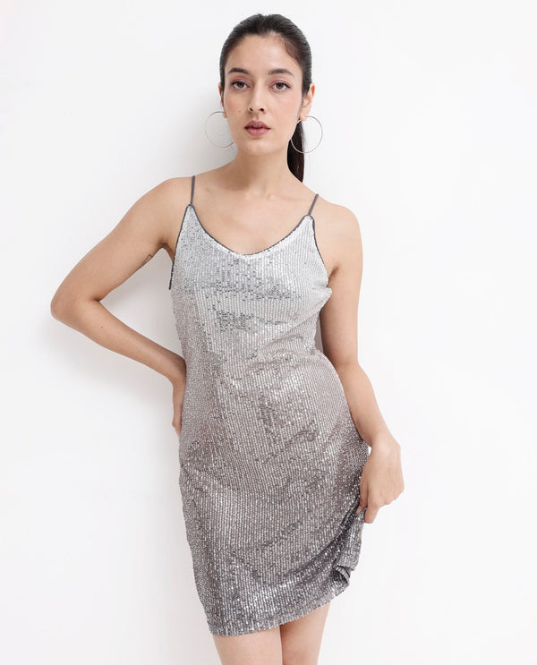 Rareism Women's Mykonos Metalic Multi    Shoulder Straps Sequined Bodycon Mini Dress