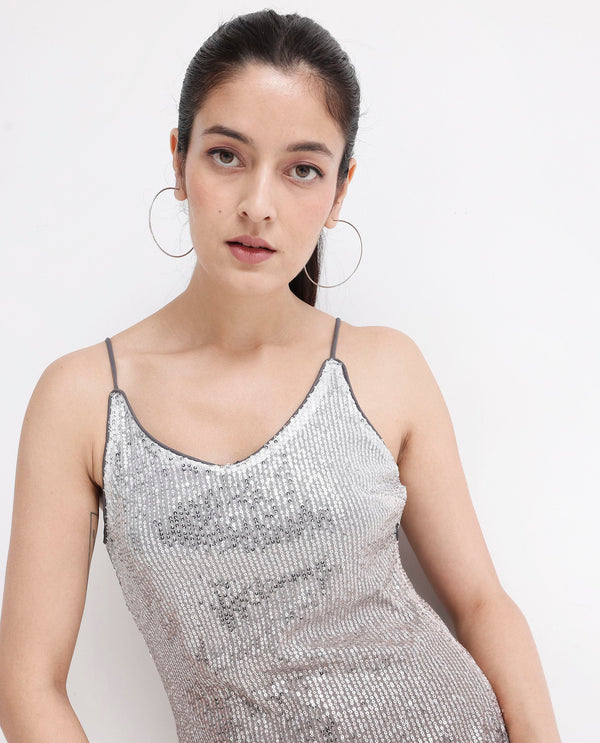 Rareism Women's Mykonos Metalic Multi    Shoulder Straps Sequined Bodycon Mini Dress