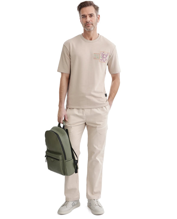 Rare Rabbit Men's Myro-1 Beige Cotton Polyester Fabric Short Sleeve Crew Neck Skinny Fit Embroidered T-Shirt