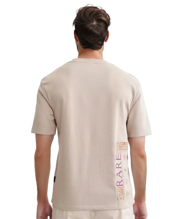 Rare Rabbit Men's Myro-1 Beige Cotton Polyester Fabric Short Sleeve Crew Neck Skinny Fit Embroidered T-Shirt