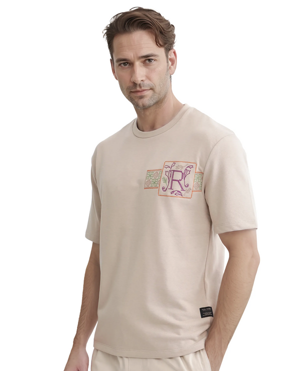 Rare Rabbit Men's Myro-1 Beige Cotton Polyester Fabric Short Sleeve Crew Neck Skinny Fit Embroidered T-Shirt