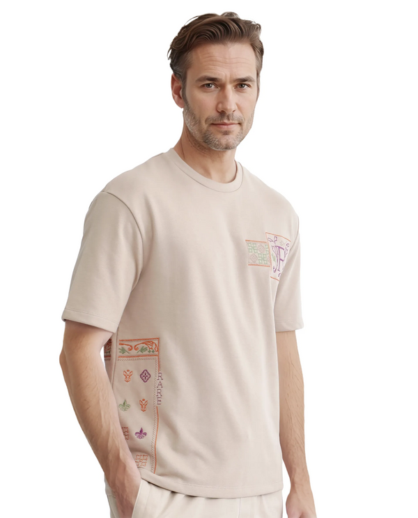 Rare Rabbit Men's Myro-1 Beige Cotton Polyester Fabric Short Sleeve Crew Neck Skinny Fit Embroidered T-Shirt