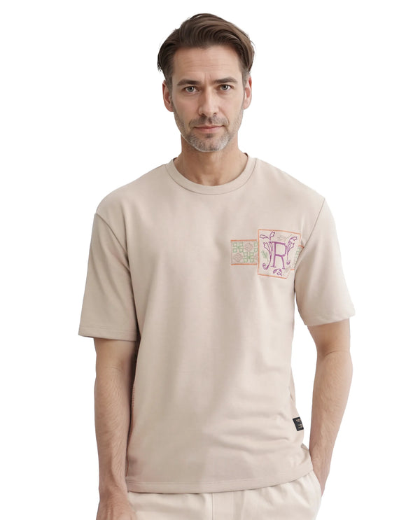 Rare Rabbit Men's Myro-1 Beige Cotton Polyester Fabric Short Sleeve Crew Neck Skinny Fit Embroidered T-Shirt