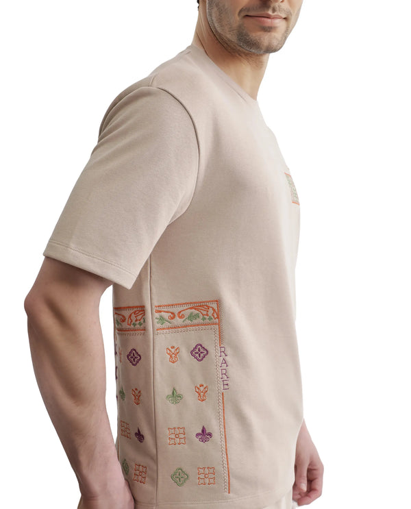 Rare Rabbit Men's Myro-1 Beige Cotton Polyester Fabric Short Sleeve Crew Neck Skinny Fit Embroidered T-Shirt
