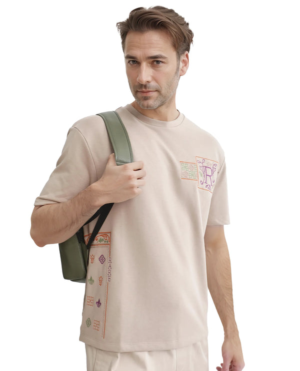 Rare Rabbit Men's Myro-1 Beige Cotton Polyester Fabric Short Sleeve Crew Neck Skinny Fit Embroidered T-Shirt