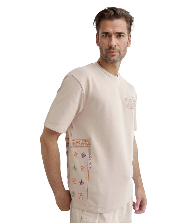 Rare Rabbit Men's Myro-1 Beige Cotton Polyester Fabric Short Sleeve Crew Neck Skinny Fit Embroidered T-Shirt