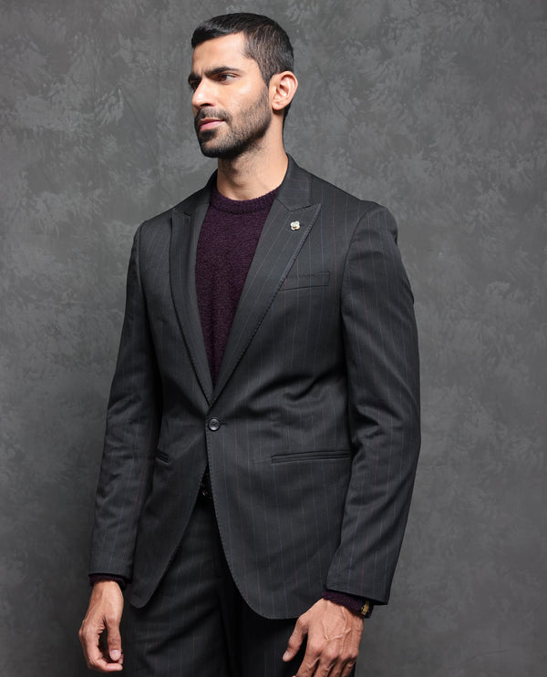 Rare Rabbit Men's Markas Black Polyester Viscose Fabric Peak Lapel Button Closure Single Breasted Multi Colored Stripe Suits