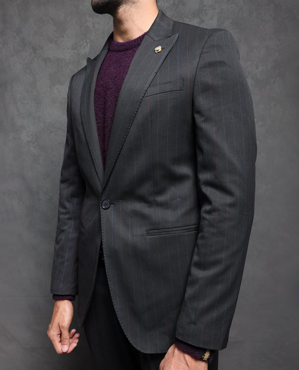 Rare Rabbit Men's Markas Black Polyester Viscose Fabric Peak Lapel Button Closure Single Breasted Multi Colored Stripe Suits