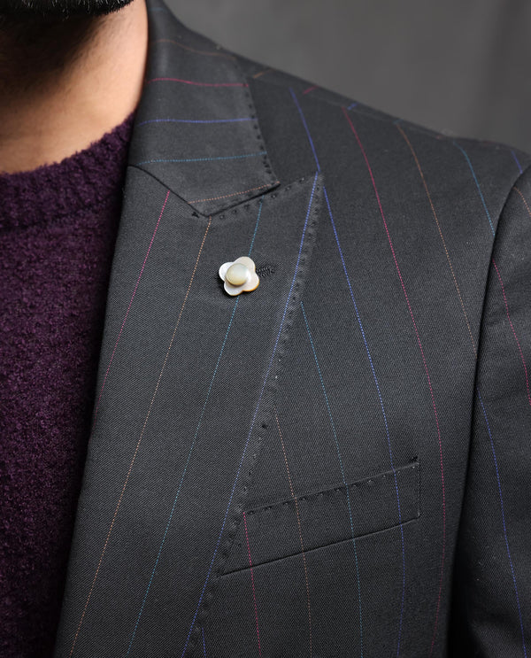 Rare Rabbit Men's Markas Black Polyester Viscose Fabric Peak Lapel Button Closure Single Breasted Multi Colored Stripe Suits