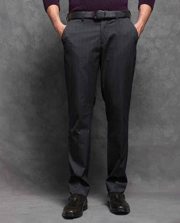 Rare Rabbit Men's Markas Black Polyester Viscose Fabric Peak Lapel Button Closure Single Breasted Multi Colored Stripe Suits