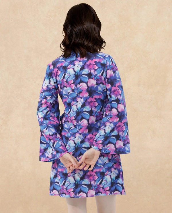 Rareism Women's Naho Multi Rayon Fabric Overlap Neck Tie-Up Closure Full Sleeve Floral Print Wrap Mini Dress