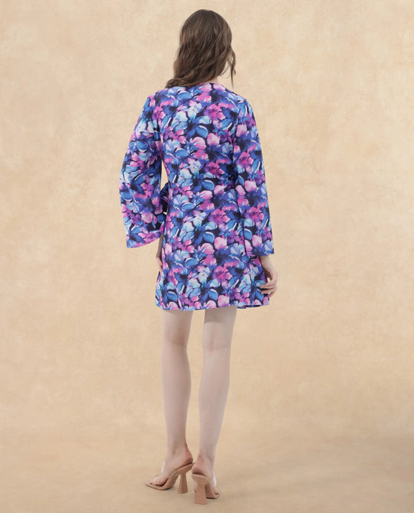 Rareism Women's Naho Multi Rayon Fabric Overlap Neck Tie-Up Closure Full Sleeve Floral Print Wrap Mini Dress