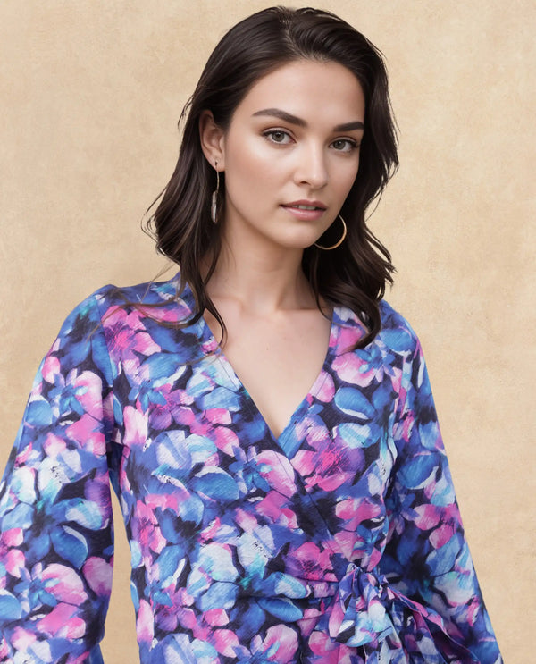 Rareism Women's Naho Multi Rayon Fabric Overlap Neck Tie-Up Closure Full Sleeve Floral Print Wrap Mini Dress