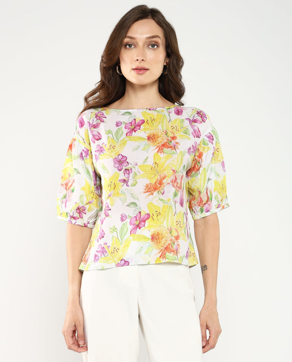 Rareism Women's Naldu Multi Bishop Sleeve Crew Neck Floral Print Top
