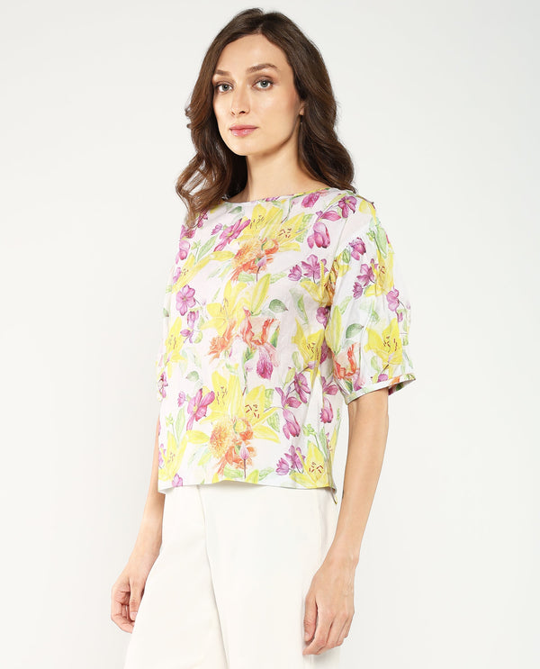 Rareism Women's Naldu Multi Bishop Sleeve Crew Neck Floral Print Top