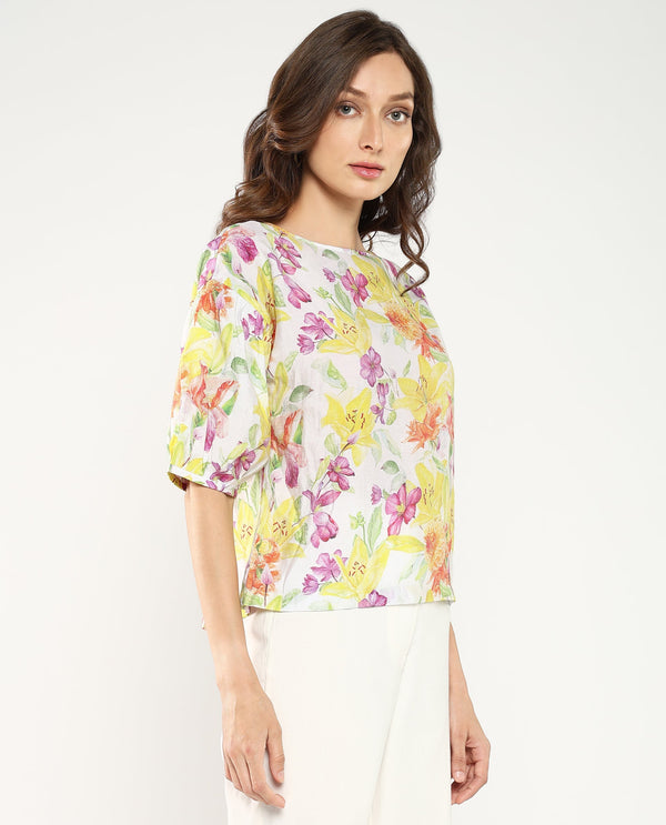 Rareism Women's Naldu Multi Bishop Sleeve Crew Neck Floral Print Top