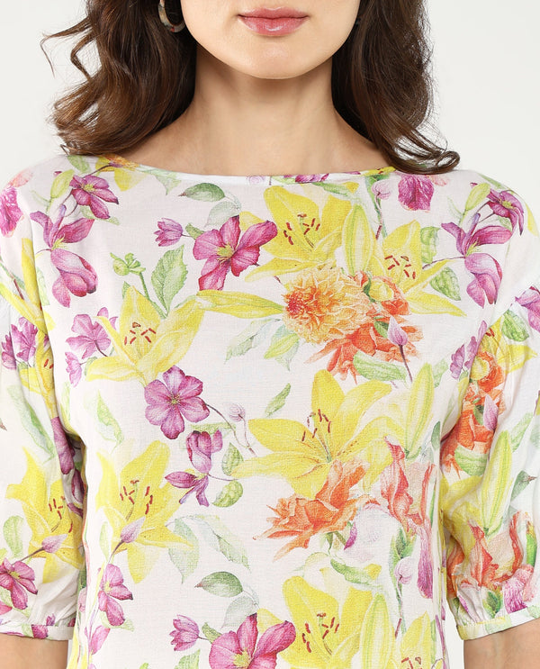 Rareism Women's Naldu Multi Bishop Sleeve Crew Neck Floral Print Top