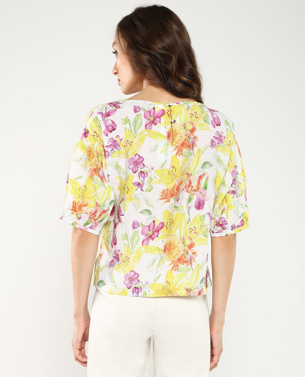 Rareism Women's Naldu Multi Bishop Sleeve Crew Neck Floral Print Top