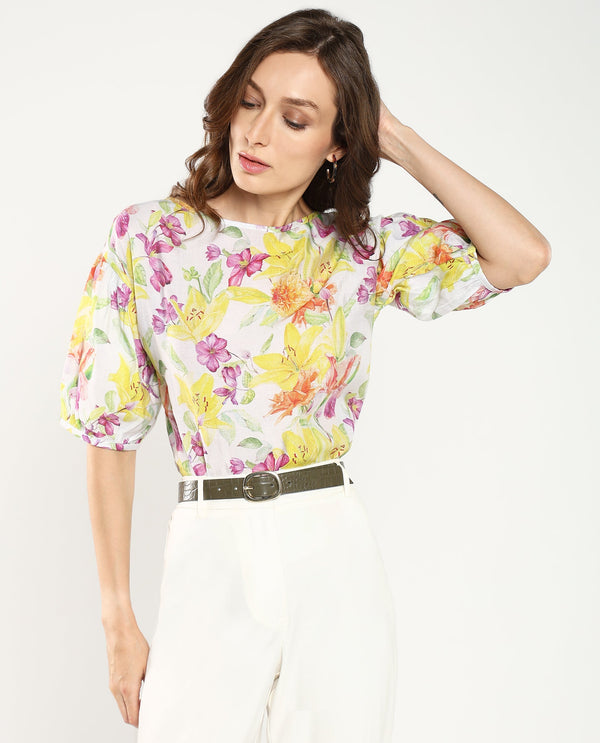 Rareism Women's Naldu Multi Bishop Sleeve Crew Neck Floral Print Top