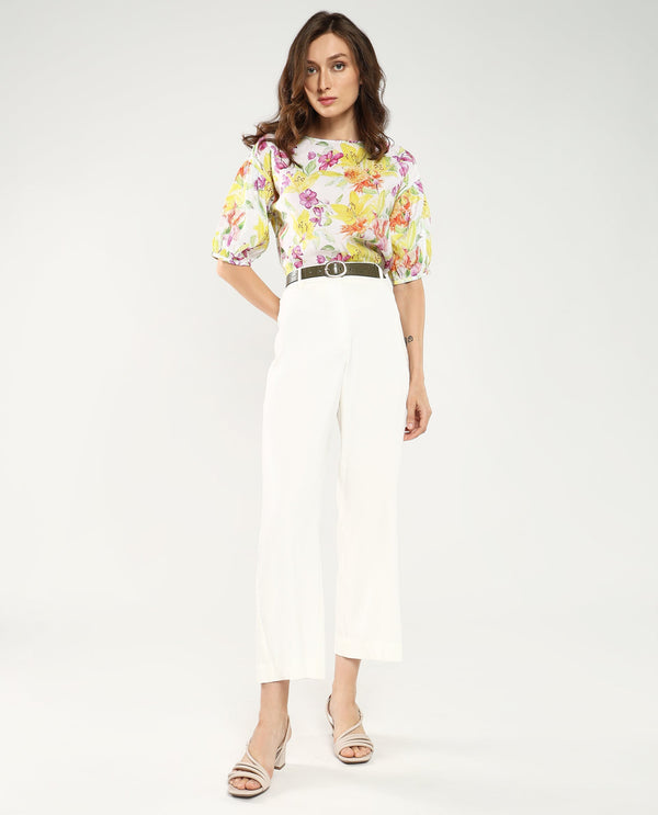 Rareism Women's Naldu Multi Bishop Sleeve Crew Neck Floral Print Top