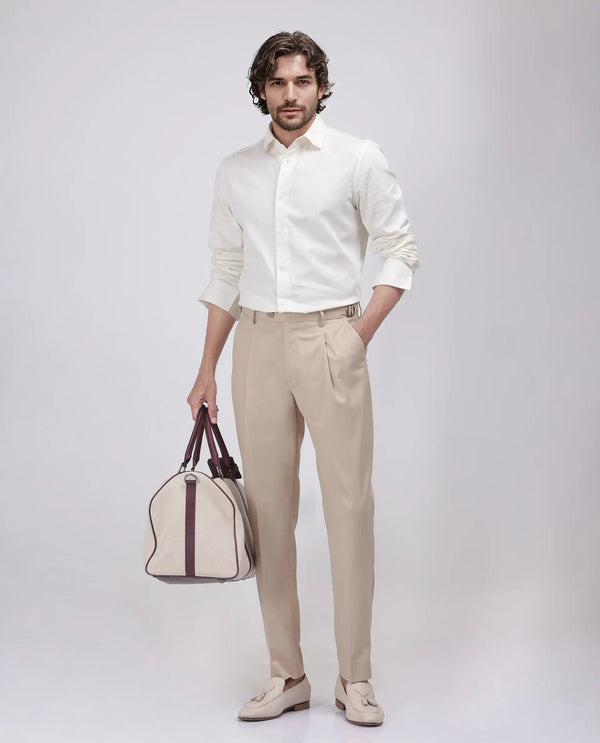 Rare Rabbit Men's Naji Beige Cotton Blend Fabric Relaxed Fit Plain Trouser
